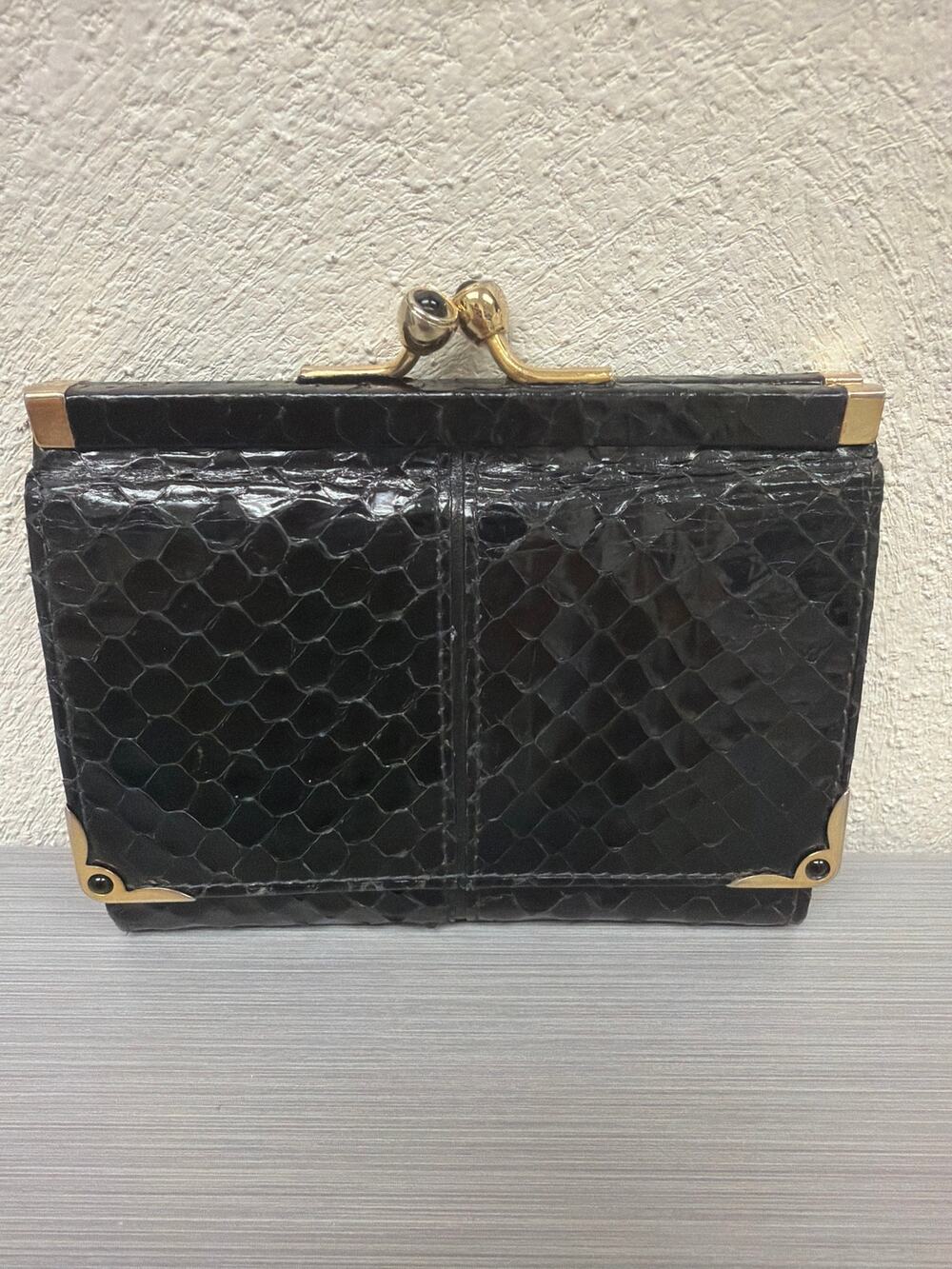 Vintage Judith Leiber Black Snakeskin Compact Wallet With Kisslock Coin Pouch